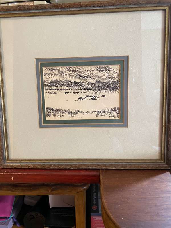 Original Minette van Rooyen  pen and ink drawing of cattle grazing